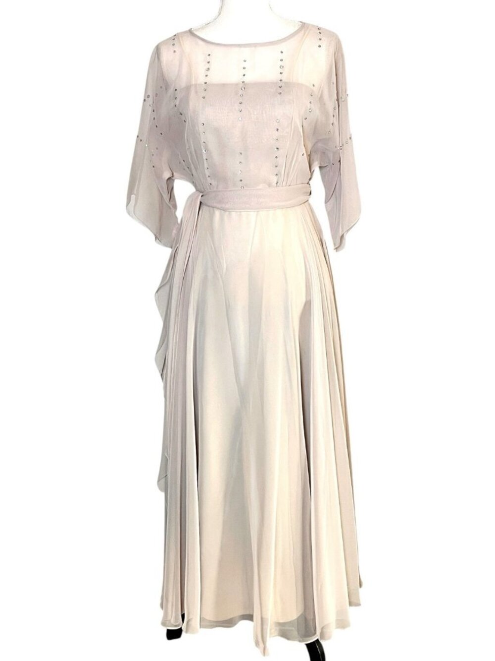 Vintage 80s Dan Leslie Champagne Rhinestone Chiffon Cape Sleeve Formal Gown XS/S